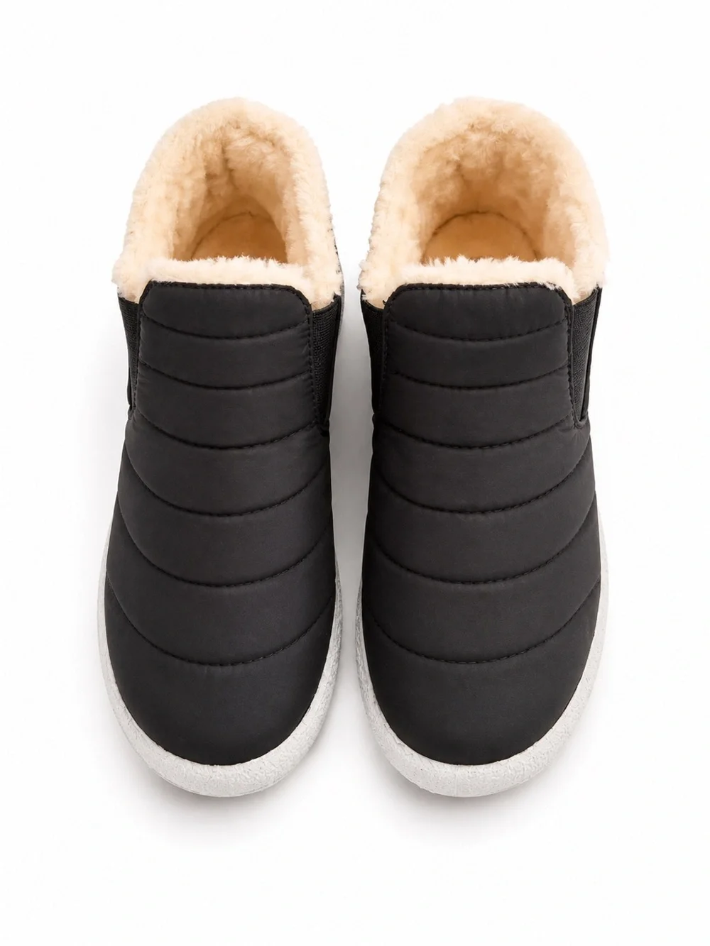Kids Black Puffer Slip-On Shoes with Cream Faux-Fur Lining
